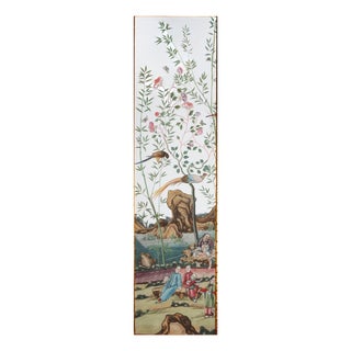 Hand Painted White Background Chinoiserie Bamboo Figurative Landscape Mural Panel For Sale