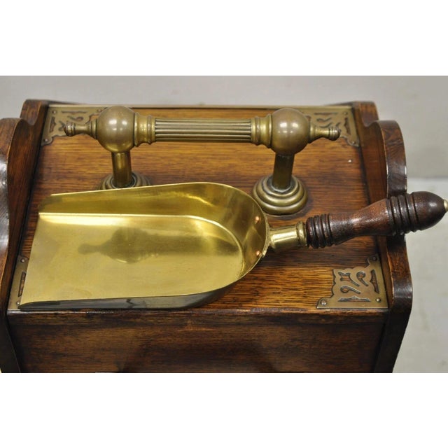 Brown Antique Victorian Oak and Brass Fireplace Coal Scuttle Box Bucket W/ Scoop For Sale - Image 8 of 11