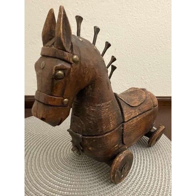 Metal Antique Folk Art Wooden Horse Pull Toy & Storage Box – Iron Nail Mane, Hinged Saddle Lid, Rustic Patina, 19th Century. For Sale - Image 7 of 8