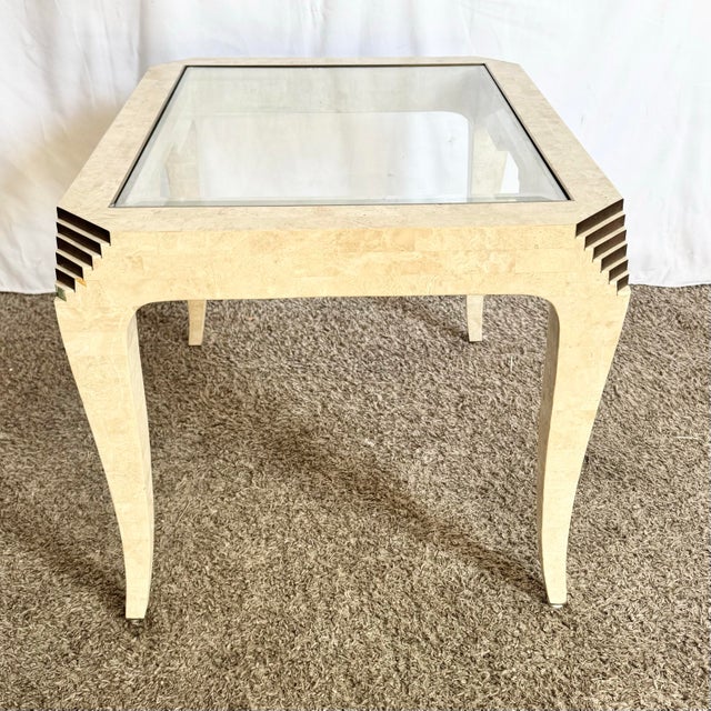 1990s Postmodern Tessellated Stone and Brass Glass Top Side Table For Sale - Image 5 of 10