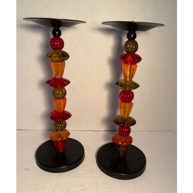 Red Vintage Art Deco Style Glass and Metal Multicolored Candlestick Holder Pair For Sale - Image 8 of 8