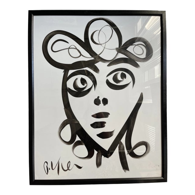 Contemporary Abstract Face Black and White Painting by Peter Keil, Framed For Sale