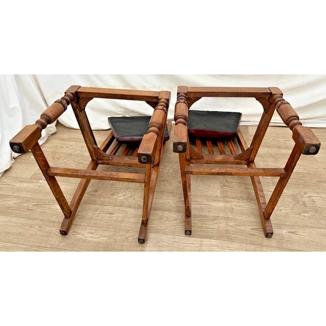 Antique Oak Side Chairs Set of Two Arts & Crafts Carved Spindle Back Vinyl Seats For Sale - Image 10 of 10