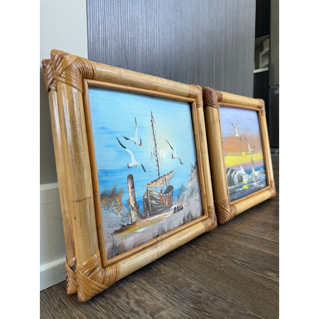Blue Oil Coastal Paintings in Thick Bamboo Frames. Pair For Sale - Image 8 of 12