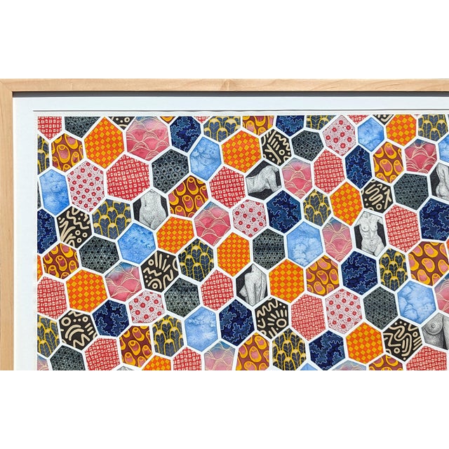 Tina Ruyi "The Quilt" Abstract Colorful Geometric Pattern with Nude Figures Watercolor, 2023 For Sale - Image 4 of 10