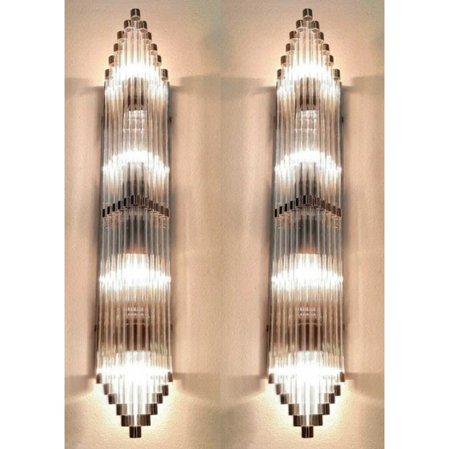 Art Deco Pair Vintage 1940s Art Deco Skyscraper Wall Sconces in Nickel Brass & Glass Rod Ship 4 Light For Sale - Image 3 of 5