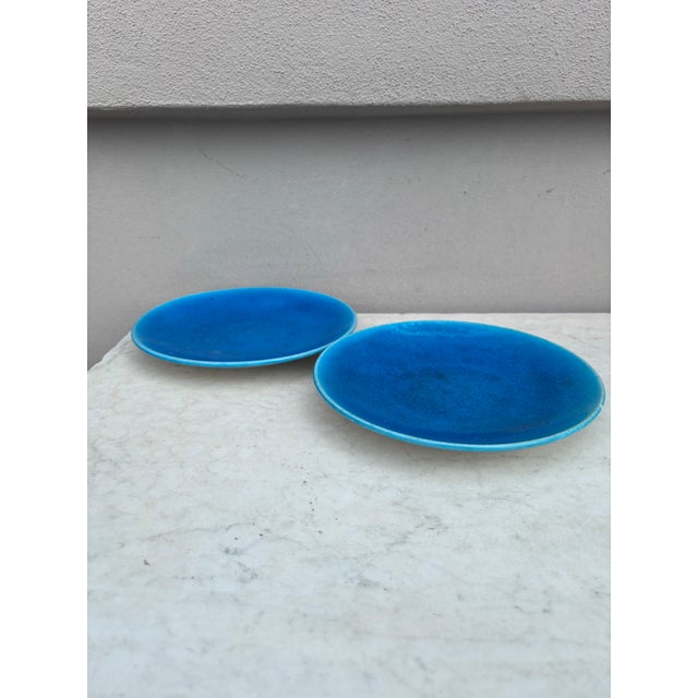 Pair of Art Deco French Aqua Blue Plates Edmond Lachenal For Sale - Image 4 of 5