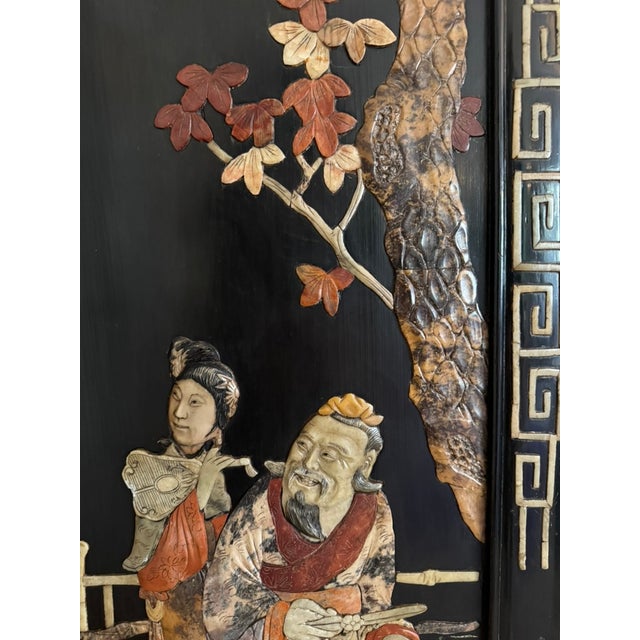 Details: 4 panels, each 20" wide 72" tall × 80" wide overall Black lacquer ground Polychrome carved soapstone inlay Greek...
