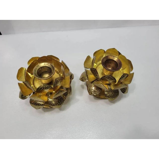 1970s Mid Century Lotus Brass Candle Holders - a Pair For Sale - Image 5 of 11