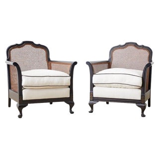Pair of Ebonized Cane Bergere Lounge Chairs With Linen For Sale