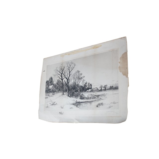 Antique 19th century black and white etching by George William Bohde. It features a country landscape scene with farmhouse...