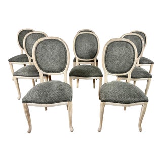 Renewed and Reupholstered French Louis XVI Style Medallion Back Dining Chairs - Set of 4 + 4 For Sale
