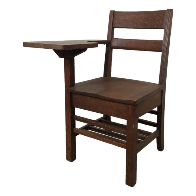 Antique Oak School Desk Chair With Writing Table and Under Seat Storage For Sale