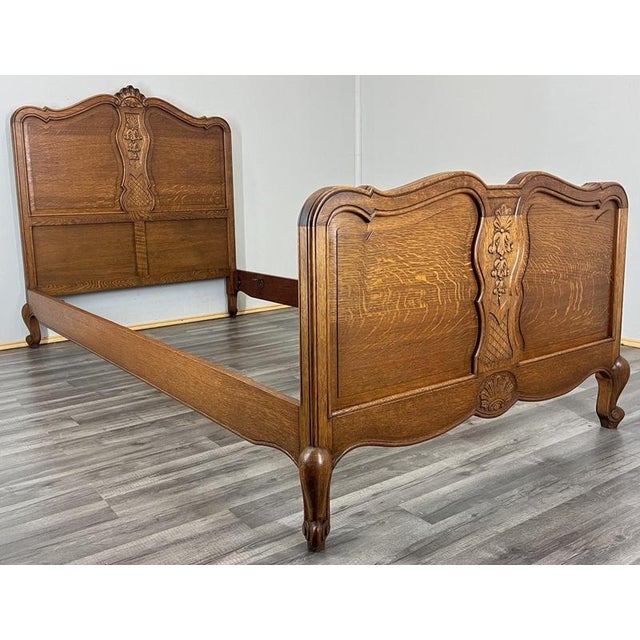 Brown Vintage French Louis XVI Style Oak Single Bed Frame with Carved Headboard For Sale - Image 8 of 10