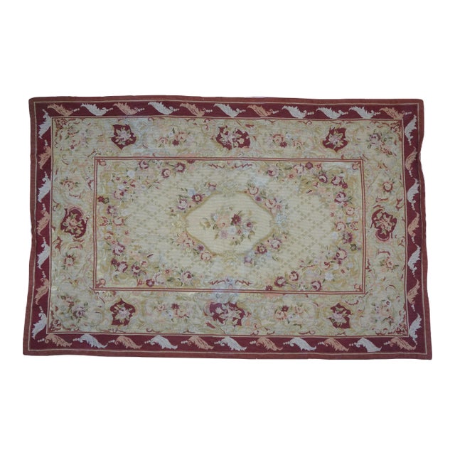 Vintage Floral Rose Needlepoint Textile Tapestry Area Rug 66" For Sale