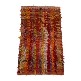 Vintage Filikli Tulu Rug 3x5 – Konya Long Pile Vertical Stripes in Orange & Red For Sale