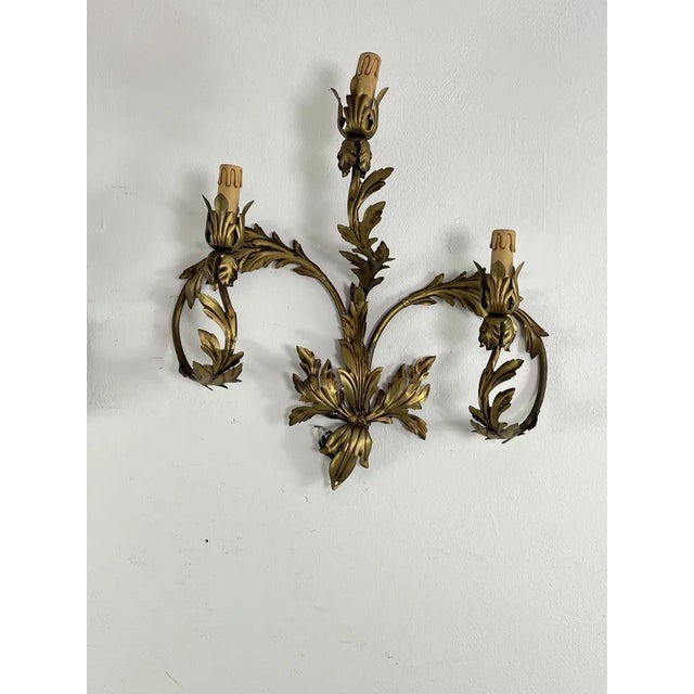 Set of 2 Mid-Century 3-light wrought iron wall lamps, 1960s Good condition, e14 lamps. European Plug (up to 250V).The...