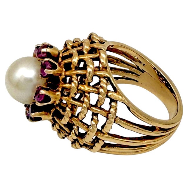 Gold 18k Yellow Gold Domed Basket-Weave Pearl and Ruby Cocktail Ring For Sale - Image 8 of 12