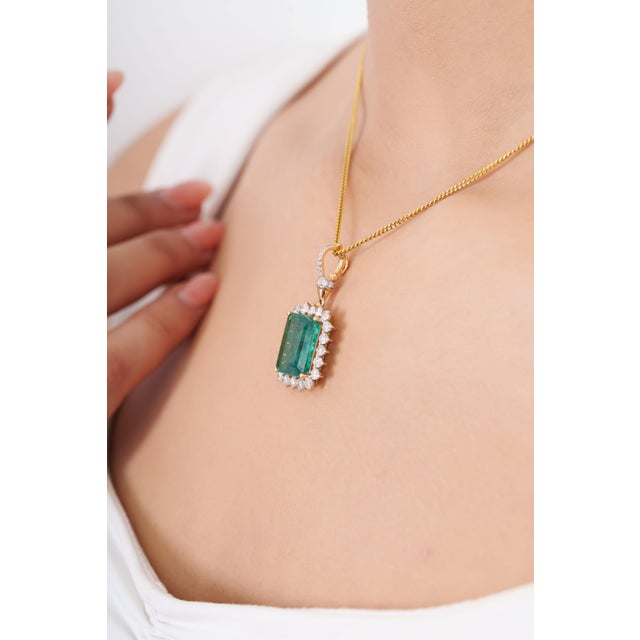 Not Yet Made - Made To Order 14k Yellow Gold 9.95ct Octagon Emerald and 1.25ct Diamond Halo Enhancer Pendant For Sale - Image 5 of 16