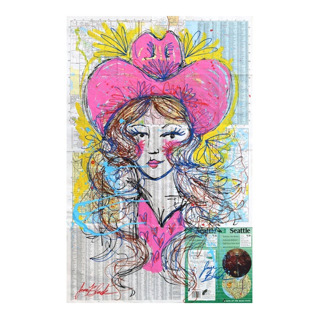 Pink Darling - Western-Inspired Acrylic Artwork on Original Paper Map of Seattle by Jesse Black For Sale