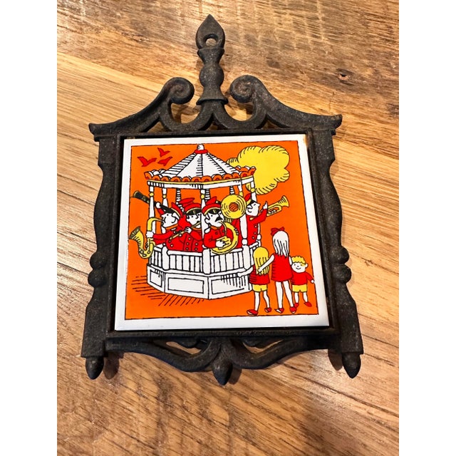 Vintage Trivet Cast Iron Ceramic Tile For Sale - Image 4 of 6