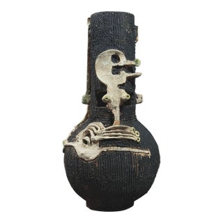 Vintage Brutalist Raku Fired Sculptural Vase For Sale