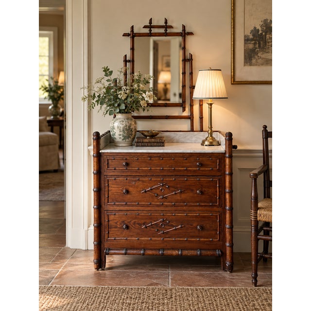 Antique French Commode in Faux Bamboo and Marble with Mirror, 1890s For Sale - Image 10 of 13