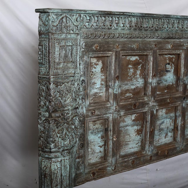 Boho Chic Complete King Size Bed Constructed From an Antique Painted Teakwood Rajasthani Door and Pillars For Sale - Image 3 of 9