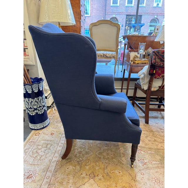 Mid-Century Modern 1800s Antique Wingback Blue Linen Chair For Sale - Image 3 of 6