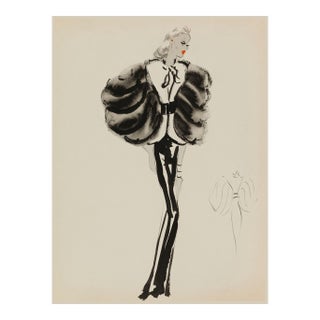 Vintage French Fashion Art Print – Black and White Fur Sleeve Illustration, 36" X 48" For Sale