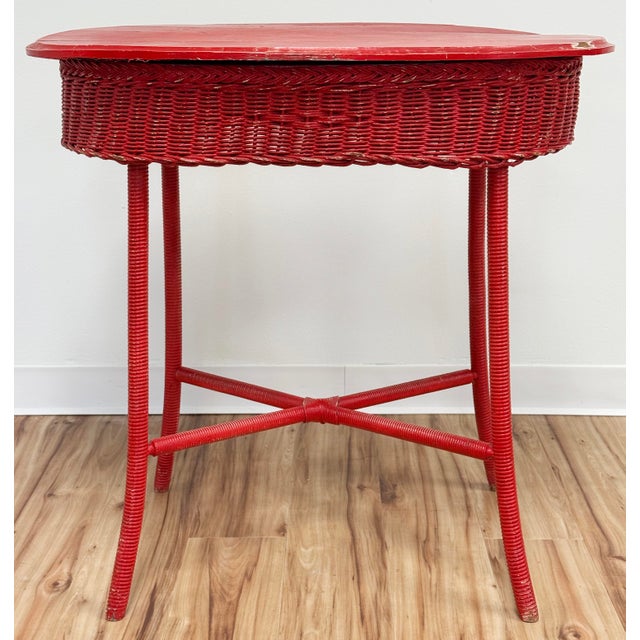 Wood Vintage Weathered Red Wicker Table For Sale - Image 7 of 12