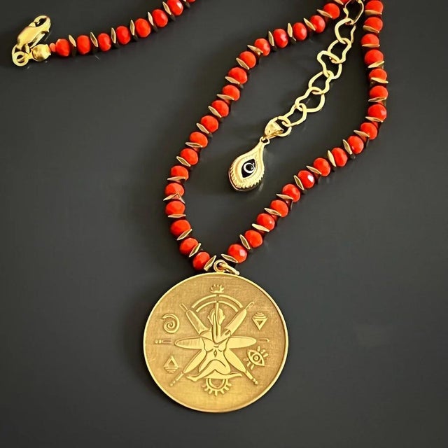 Contemporary Spiritual Journey Red & Gold Beaded Choker Necklace For Sale - Image 3 of 12