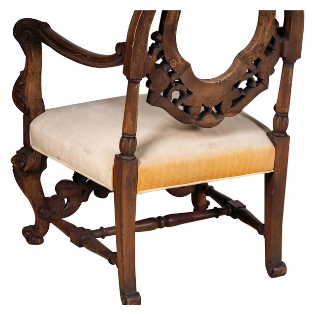 Wood Early 20th Century Large Italian Baroque Style Upholstered Carved Armchair For Sale - Image 7 of 8