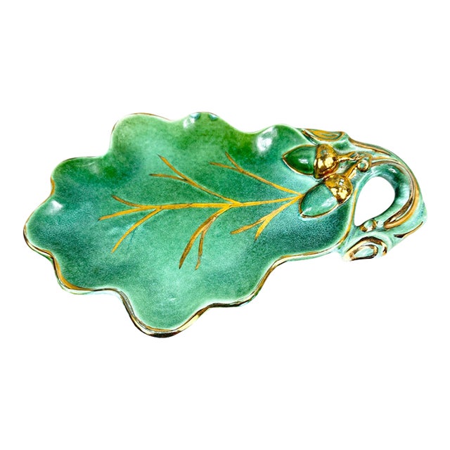 1950s Signed Handmade Majolica Style Green Leaf Serving Dish With Gold Trim For Sale