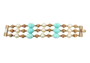 Vintage 1960s Signed Napier Book Piece Faux-Pearl & Faux-Turquoise Bead Bracelet