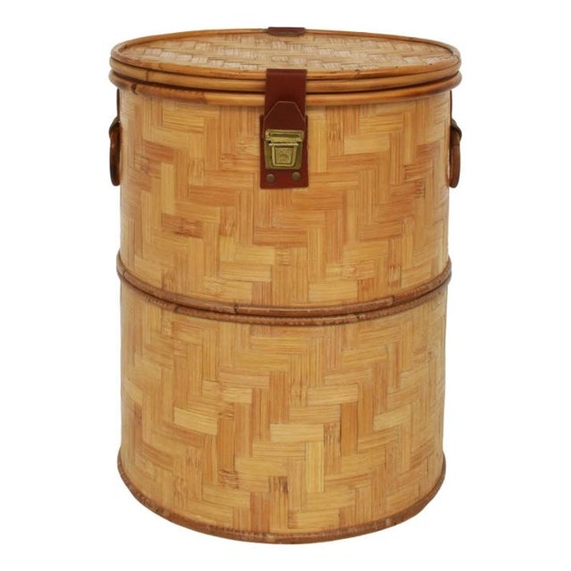 Italian Closed Rattan Basket with Leather Details, 1973 For Sale - Image 9 of 9