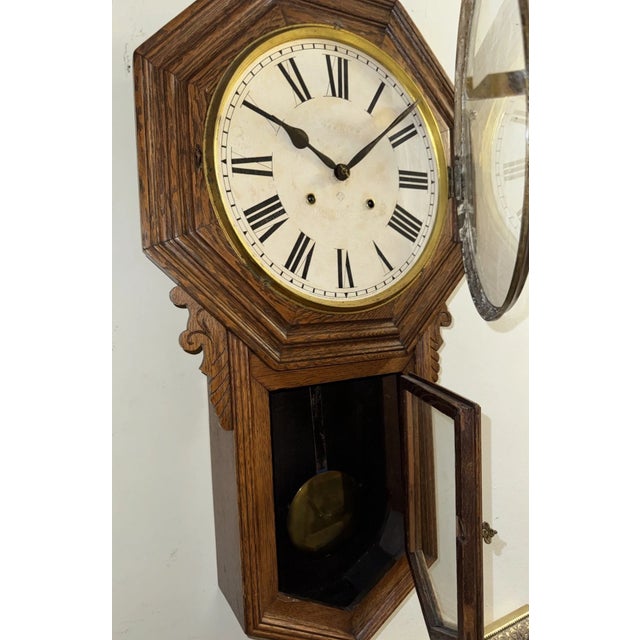 Brown Antique Ansonia “Regulator A” Schoolhouse Style Regulator Wall Clock For Sale - Image 8 of 10