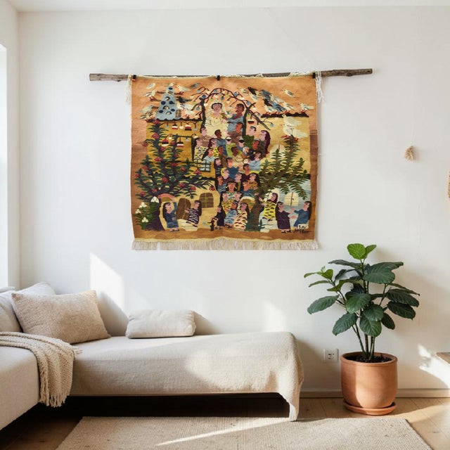 Ramses Wissa Wassef Haraniya Wedding Celebration – Vintage 1987 Handwoven Wool Tapestry by Samiha Ahmed (4.2 X 4.7 Ft) For Sale - Image 4 of 11