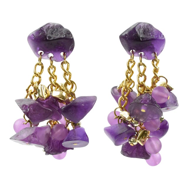 Oversized Dangle Purple Pebble Lucite Pierced Pair of Earrings For Sale