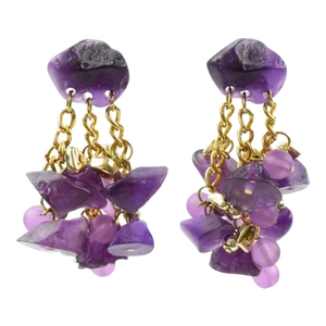 Oversized Dangle Purple Pebble Lucite Pierced Pair of Earrings