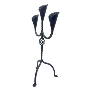 Hand Forged Iron Candelabra 27″ (68cm) Antique Copper Finish 3-Arm Sculptural Tulip Cup Centerpiece For Sale