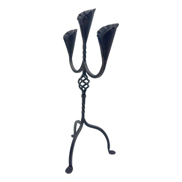 Hand Forged Iron Candelabra 27″ (68cm) Antique Copper Finish 3-Arm Sculptural Tulip Cup Centerpiece For Sale