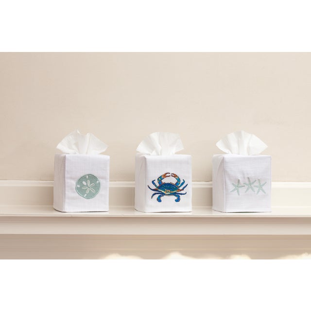 French Country Blue Hydrangea Tissue Box Cover White Linen & Cotton, Embroidered For Sale - Image 3 of 6