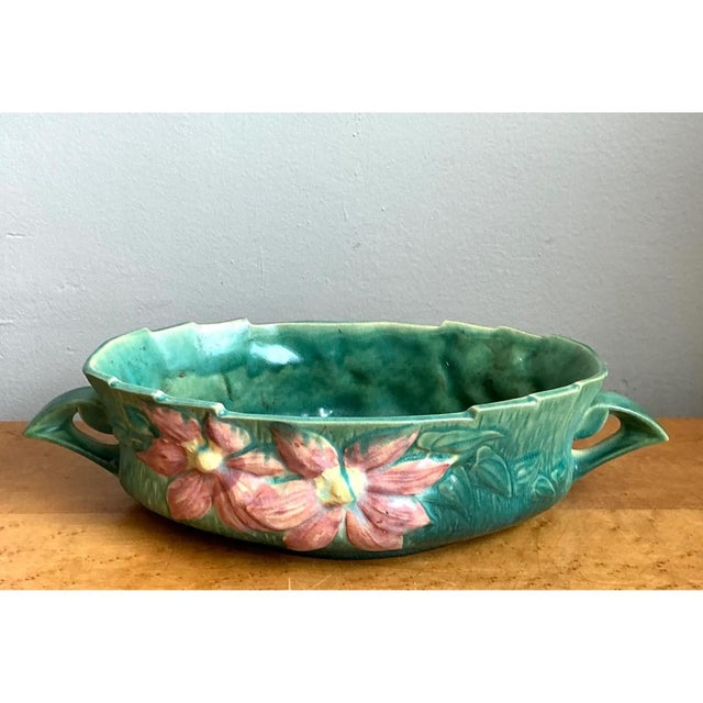 Vintage Roseville Green Clematis Ceramic Bowl For Sale - Image 4 of 12