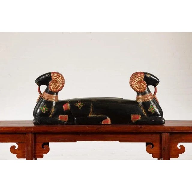 Figurative Vintage Northern Thai Double Ram Painted Sculpture with Gilt & Jewelry Motifs For Sale - Image 3 of 13