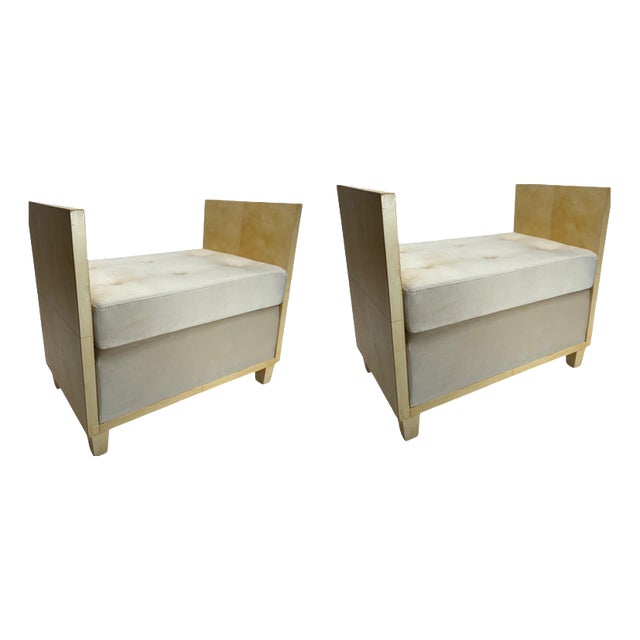 Art Deco Style Parchment Poufs, France, 1970s, Set of 2 For Sale