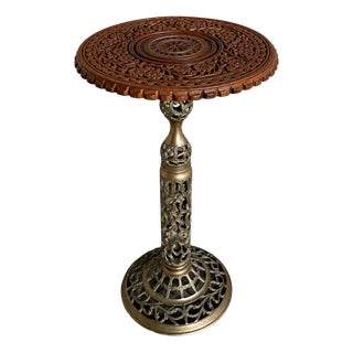 Hand-Carved Wooden and Brass Plant Stand For Sale