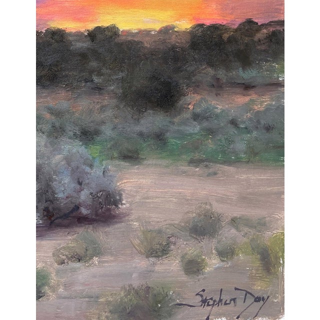 The painting captures a serene sunset over a desert landscape, where soft hues of purple, orange, and pink blend...