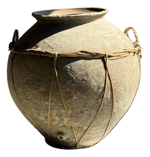 Large Grey and Brown Terracotta Pot with Rattan Handles and Crossbars, 1960s