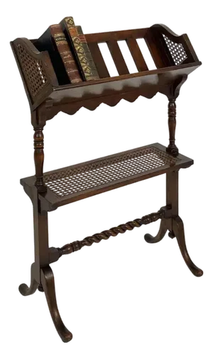 English Caned Bergere Book Trough on Stand of Beechwood From the Edwardian Era